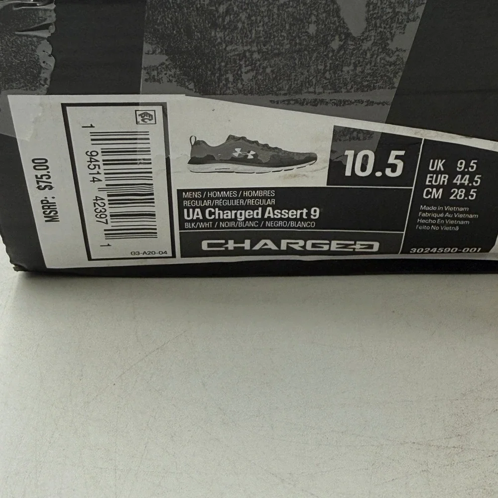 Under Armour Charged Assert 9 Shoes Mens 10.5 Black White Running 3024590-001
